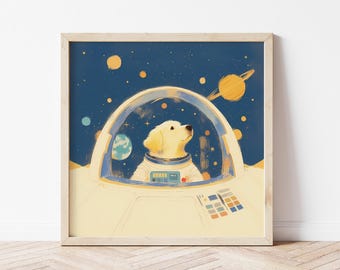 Astronaut Golden Retriever Nursery Wall Art, Space Galaxy Dog Illustration