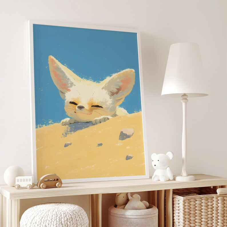 May include: A white fennec fox with large ears peeks over a sand dune. The fox has a light brown nose and a light blue sky is in the background.