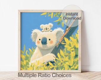 Digital Koala Nursery Art, Printable Australian Animal Illustration, Baby Room Wall Decor