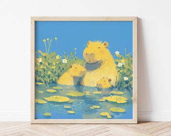 Capybara Familie Giclée Druck, Kinderzimmer Tiere Wandkunst