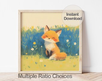 Digital Red Fox Nursery Art Print – Woodland Animal Wall Art, Pastel Wildflower Meadow Poster, Whimsical Kids Room Decor