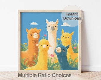 Digital Alpaca Nursery Wall Art, Llama Family Poster, Colorful Animals Print, Whimsical Kids Room Decor, Baby Shower Digital Download