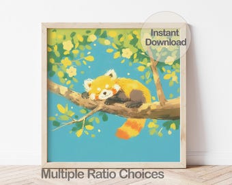 Digital Red Panda Art, Animal Nursery Print, Printable Baby Room Decor