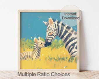Digital Zebra Art Print, Printable Animal Nursery Art, Safari Wildlife Illustration