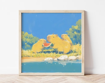 Capibara kinderkamer kunst aan de muur, poster dier eten watermeloen, grillige kinderkamer decor, speelkamer illustratie, babykamer decor