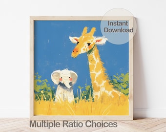 Digital Elephant and Giraffe Nursery Art, Safari Animal Illustration Kid's Room, African Safari Print