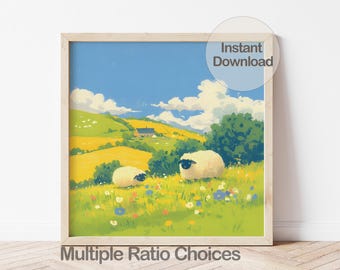 Digital Valais Blacknose Sheep Wall Art, Cute Sheep Nursery Decor, Fluffy Lamb Baby Shower Gift，Swiss Mountain Illustration