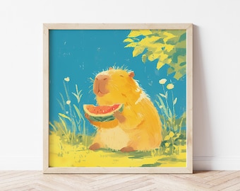 Happy Capybara Watermelon Wall Art Print, Cute Animal Illustration, Summer Nursery Decor, Funny Capybara Poster, Kids Room Gift for Her