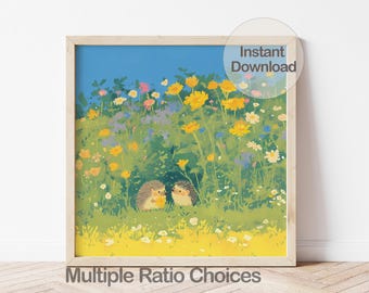 Digital Hedgehog Illustration, Wildflower Nursery Art Print, Printable Animal Art Gift