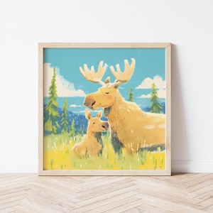 Moose Family Illustration, Baby Moose Wall Art, Animal Nursery Print, Birthday Gifts of Moose Wall Décor Gender Neutral Nursery