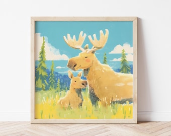 Moose Family Nursery Print, Gender Neutral Baby Animal Wall Art