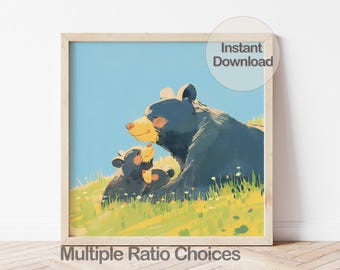 Digital Black Bear Cubs Illustration, Printable Animal Nursery Art Print for Baby Room