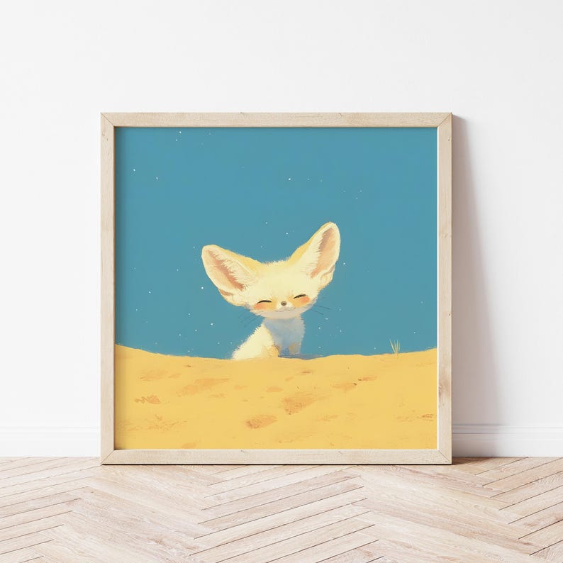 May include: A framed illustration of a white fennec fox with large ears, smiling, peeking out of a sand dune against a blue sky with white stars.