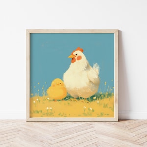Rooster and Chick Wall Art Illustration, Nursery Animal Farm Print, Birthday Gift, Rooster Wall Décor, Cute Chick Artwork for Kids Room
