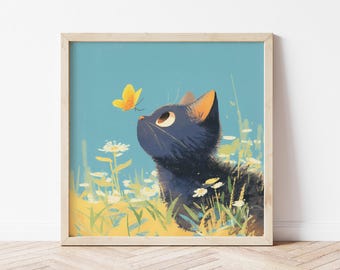 Black Cat Sniffing Butterfly Print, Whimsical Kitten Nursery Art, Gift for Cat Lovers