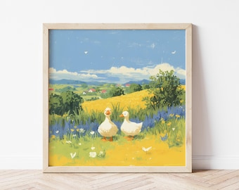 Lovely Duck Couple Illustration Print, Spring Nursery Art, Best Friend Gift, Farmland Wall Décor, Duck Poster & Wall Art