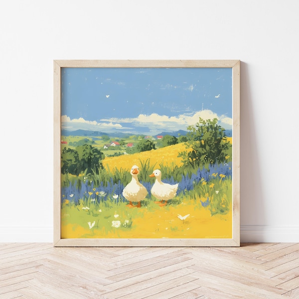 Impresión de ilustración de una encantadora pareja de patos, arte infantil de primavera, regalo para mejor amigo, decoración de pared de granja, póster de patos y arte mural.