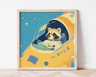 Astronaut Racoon Art Print – Space Galaxy Nursery Wall Art, Animal Space Illustration