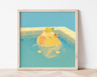 Capybara Print: Yuzu Hot Tub Bath, Calm Bathroom Decor