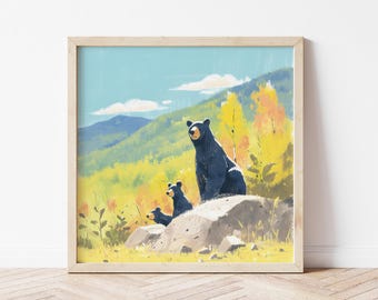 Stampa artistica con orso nero e cuccioli, decorazione per cameretta dei bambini in stile bosco