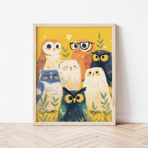 Owls Wall Art Print, Cute Owl Friends Nursery Decor, Animal Illustration, Adorable Kids Room Poster, Perfect Baby Shower Gift & Décor
