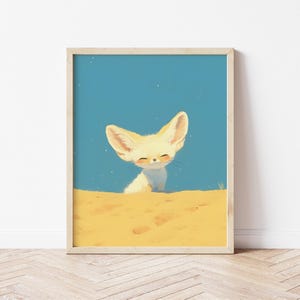 May include: A digital illustration of a fennec fox with large ears, smiling, peeking out of a sand dune against a blue sky with white stars.