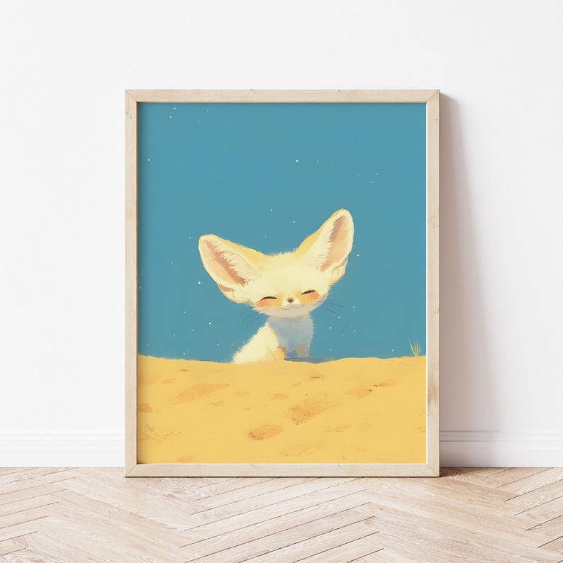 May include: A digital illustration of a fennec fox with large ears, smiling, peeking out of a sand dune against a blue sky with white stars.