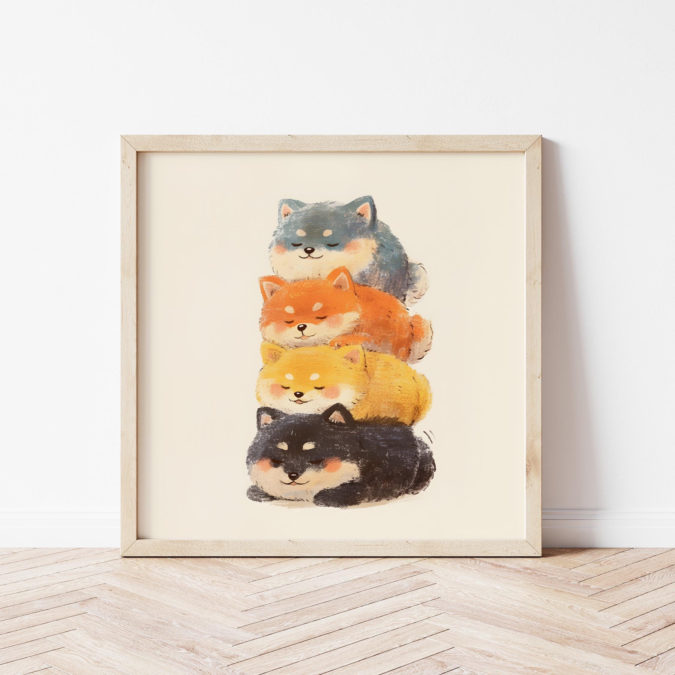 柴犬の子犬のウォールアート、保育園の動物イラストプリント、誕生日