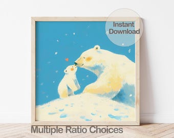 Digital Polar Bear Nursery Art, Mother and Baby Animal Decor, Gender Neutral Baby Room Winter Nursery Theme