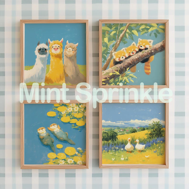 May include: A set of four square wall art prints in light wood frames. The top left shows three alpacas, the top right features red pandas on a tree branch, the bottom left depicts two otters in water with lily pads, and the bottom right shows two ducks in a field.