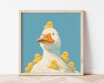 Duckling Nursery Print: Playful Duck Family Wall Art for Kids Room, Animal Illustration