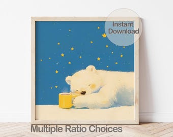 Digital Polar Bear Illustration, Starry Night Café Print, Cozy Nursery Art