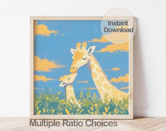 Digital Giraffe Family Illustration, Safari Nursery Decor, Animal Wall Art for Kids Bedroom, Giraffe Lover Gift