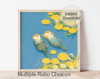 Digital Otter Nursery Art Print, Swimming Otter Illustration, Summer Gift for Friends