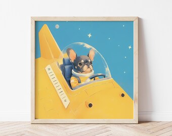 Astronaut French Bulldog Print, Space Galaxy Puppy Nursery Art, Kids Room Decor