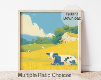 Digital Milk Cow Wall Art, Farmhouse Animal Nursery Print, Printable Cow Illustration
