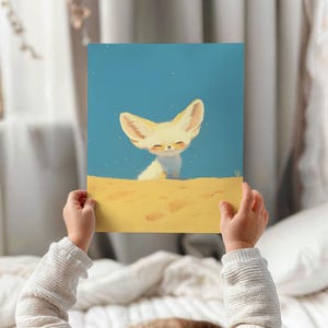 May include: A digital illustration of a fennec fox with large ears, sitting in the sand. The fox is smiling and has a light brown and white coat. The background is a light blue sky with white stars.