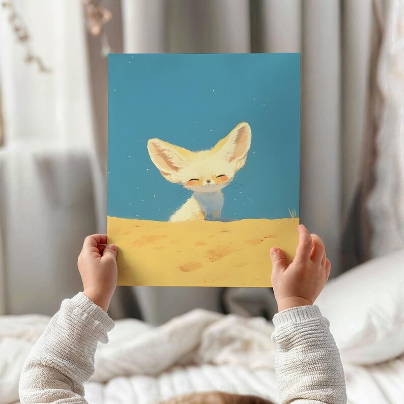 May include: A digital illustration of a fennec fox with large ears, sitting in the sand. The fox is smiling and has a light brown and white coat. The background is a light blue sky with white stars.