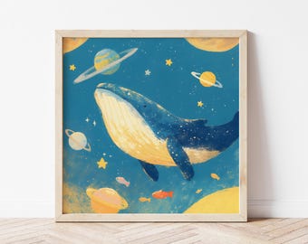 Galaxy Whale Nursery Print, Stars and Planets Illustration