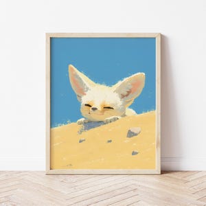 May include: A white fennec fox with large ears peeks over a sand dune. The fox has a happy expression and is looking at the viewer. The background is a blue sky.