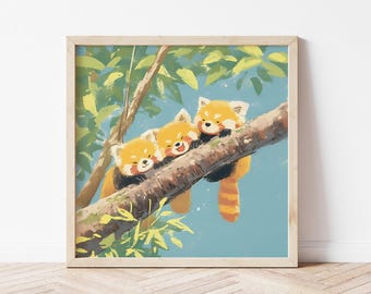 Schattige rode panda kinderkamer kunst aan de muur, poster drie kleine panda's, grillig bos decor kinderkamer, babydierenprint