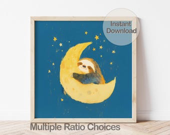 Digital Sloth Wall Art, Kids Room Galaxy Nursery Print, Sleeping Sloth on Moon