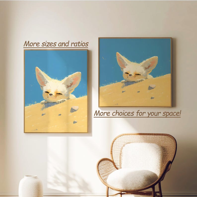 May include: A painting of a white fennec fox with large ears peering over a sand dune. The background is a bright blue sky. The painting is framed in a light wood frame.