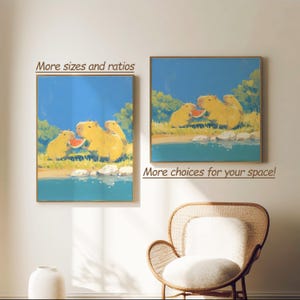 May include: Two framed wall art prints featuring a painted illustration of capybaras eating watermelon by a river. The text "More sizes and ratios" appears above the vertical print, and "More choices for your space!" is below the square print.