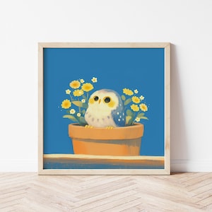 Owl Illustration Print, Cute Owl in Flowers Wall Art Nursery Decor, Animal Wall Decor, Owl Birthday Gift, Whimsical Owl Poster for Kids Room