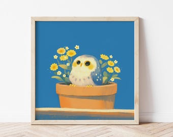 Stampa con illustrazione di gufo, simpatico gufo tra i fiori, decorazione da parete per cameretta dei bambini, decorazione da parete con animali, regalo di compleanno con gufo, poster con gufo stravagante per la cameretta dei bambini