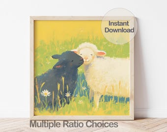 Black and White Sheep Wall Art, Digital Farm Animal Illustration, Farmhouse Animal Nursery Print