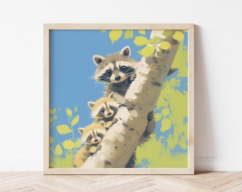 Raccoon Family Nursery Art Print, Woodland Animal Illustration