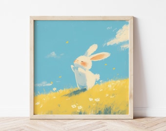 Rabbit Nursery Print Wall Art –  Grassland Hare Illustration, Art Gift of Animal Lovers