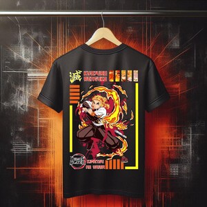 T-shirt Demon Slayer Kimetsu No Yaiba - Kyojuro Rengoku, Style Vintage Noir Unisexe